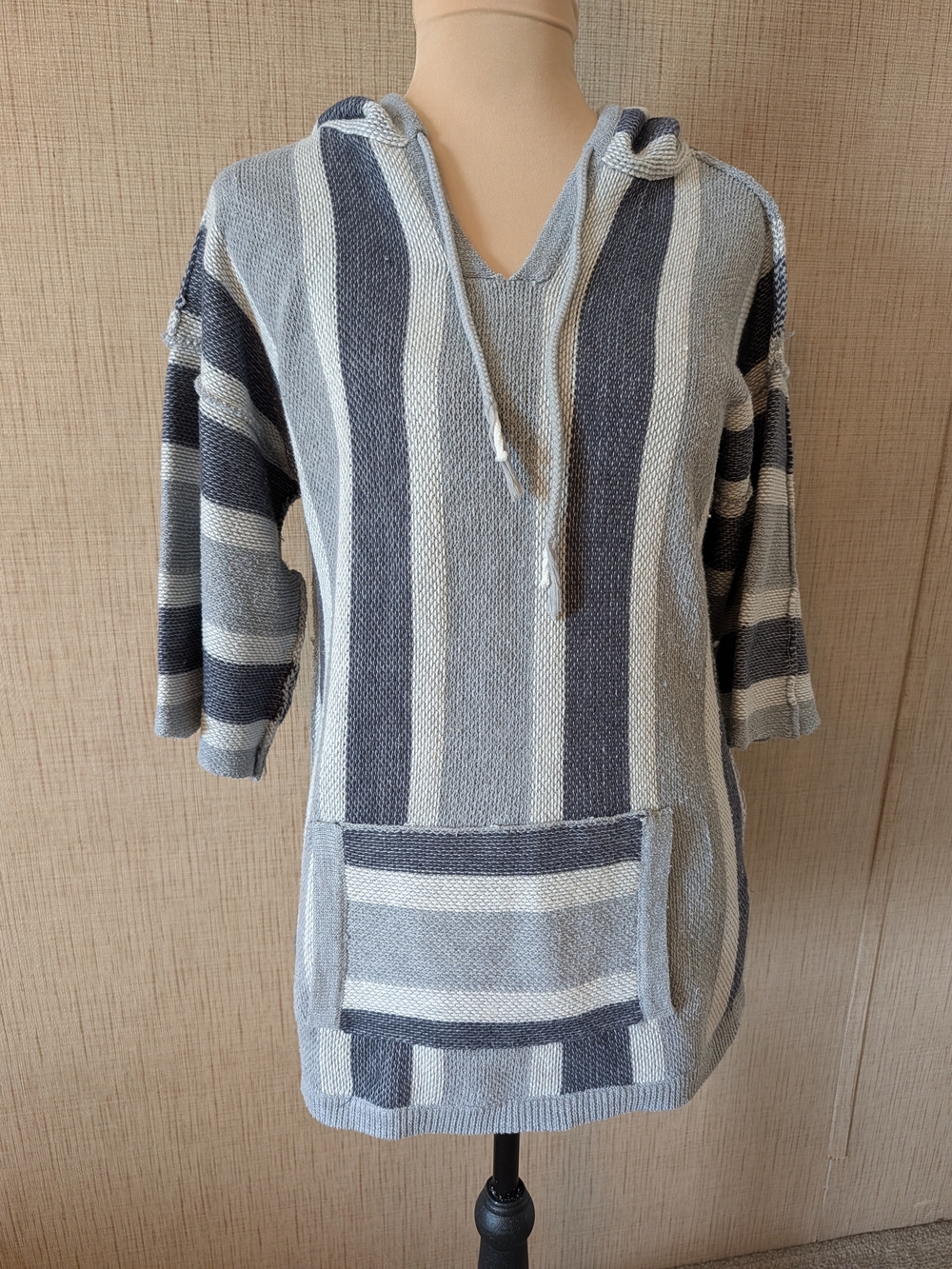 Vintage Havana Striped Hooded Tunic Sweater - Gray & White